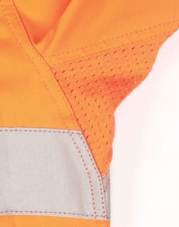 An orange safety shirt featuring reflective tape and a mesh detailing for breathability.