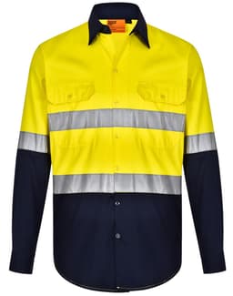 A High-Visibility long-sleeve safety shirt in bright yellow with navy sleeves and reflective stripes. Features two front pockets.