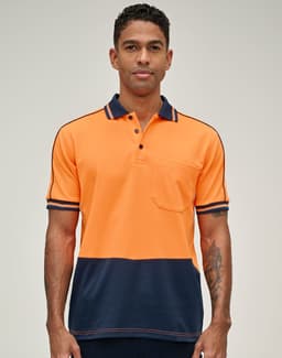 A Hi-Vis polo shirt in orange and navy featuring a pocket and branded logo. The shirt has a collar and short sleeves.