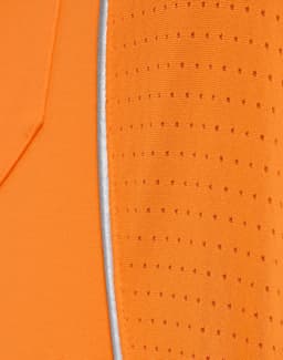 Close-up of an orange polo shirt featuring a textured pattern and a reflective trim. The shirt has a logo.