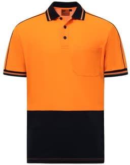 Hi-Vis short-sleeve polo in vibrant orange with a black lower section and trim, featuring a pocket and a logo.