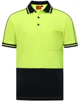 A high-visibility short-sleeved polo in bright yellow with a navy blue bottom and a chest pocket. It features a logo.