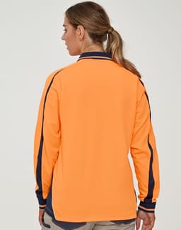 An orange long-sleeved polo with dark blue accents, featuring a logo on the back.