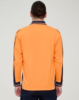 A long-sleeve polo in high-visibility orange with navy detailing and a logo on the back.
