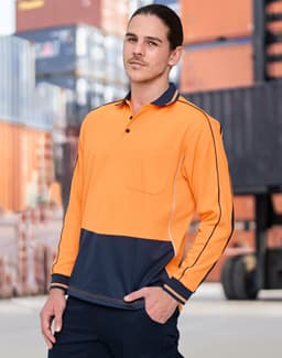 A long-sleeve polo in hi-vis orange and navy blue, featuring a collar and pocket, with a logo present.