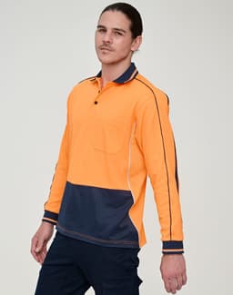 A Hi-Vis long-sleeve polo in bright orange and navy, featuring a chest pocket and contrasting stitching.