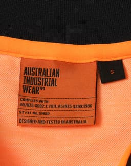 A tag from a Hi-Vis Sustainable Cool-Breeze Truedry Safety L/S Polo in orange and black, featuring a logo.