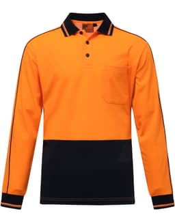 Hi-vis long-sleeve polo in vibrant orange with a navy lower section and a chest pocket, featuring a logo.