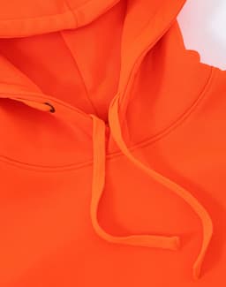 A bright orange water-resistant fleece hoodie featuring a hood and drawstrings, with a logo on the design.