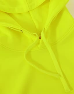 A bright yellow two-tone water-resistant fleece hoodie with a drawstring hood. Features a logo.