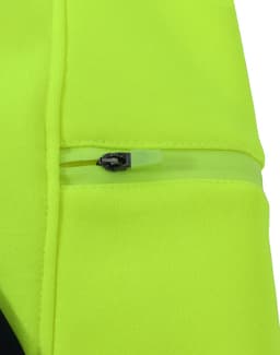 A close-up of a high-visibility two-tone water-resistant fleece hoodie, featuring a zippered pocket in vibrant yellow.