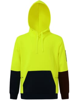 Hi-Vis two-tone fleece hoodie in bright yellow with navy and maroon accents, featuring a hood and front pocket.