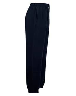Navy fleecy track pants with an elastic waistband and side pockets. Features a logo on the garment.