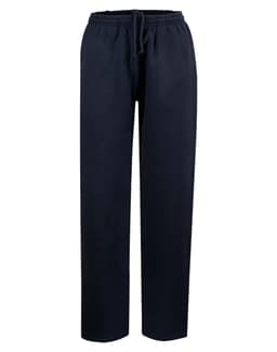Navy track pants featuring an elastic waistband and drawstring, with a simple design and no visible branding.