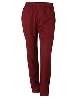 Burgundy adult track pants with an elastic waistband and fitted silhouette, featuring a logo.
