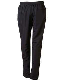Black adult track pants with an elastic waistband and side pockets. Features a logo on the garment.