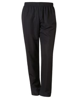 Black track pants with an elastic waistband and a simple design, featuring a logo on one side.