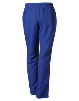 A pair of blue adult track pants with an elastic waistband and a single back pocket. Features a logo.