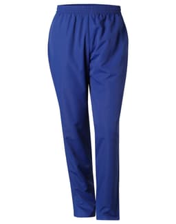 Blue track pants with an elastic waistband and tapered design, featuring a logo on the side.