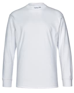 A white long-sleeved cotton crew neck T-shirt with a simple design and a logo.