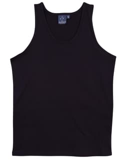 A black men's cotton singlet with a simple design and a small logo on the label.