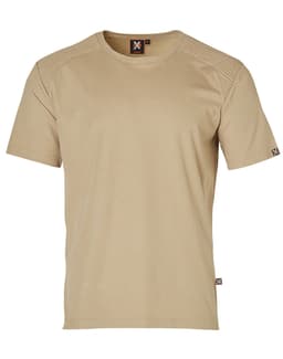 A beige short-sleeve work t-shirt featuring a logo on the front and a textured design on the shoulders.