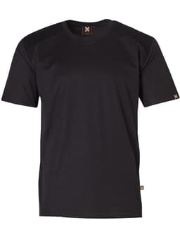 A short-sleeve black work t-shirt featuring textured shoulder detailing and a small logo.