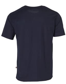 A navy blue short-sleeve work t-shirt featuring a logo on the side. The back view highlights its simple design.