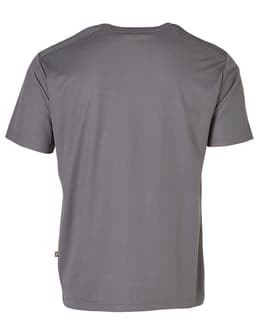 A grey short-sleeved work t-shirt featuring a branded logo.