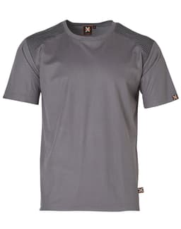 A grey short-sleeve work t-shirt with a logo and textured shoulder panels.