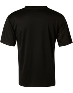 A black short sleeve tee with a smooth finish, featuring a branding logo on the back.