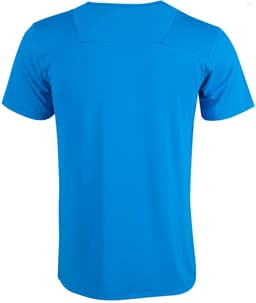 A blue Men's Cooldry Stretch Tee with a smooth fabric and a textured shoulder design. Features a logo on the back.