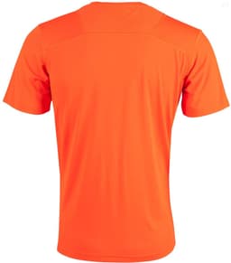An orange Men's Cooldry Stretch Tee featuring a smooth, short-sleeved design and a logo on the back.