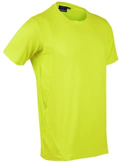A bright yellow Men's Cooldry Stretch Tee with mesh sides and a logo on the collar.