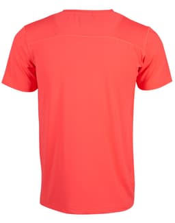 A vibrant coral men's T-shirt with a stretch fabric, featuring a logo on the back.