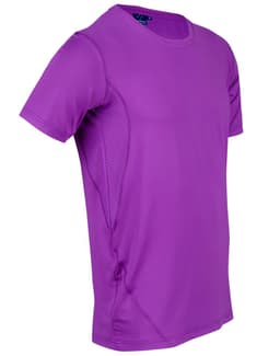 A purple Men's Cooldry Stretch Tee with mesh side panels and a logo on the front.