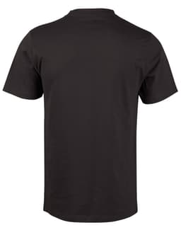 A black men's cotton semi-fitted t-shirt, featuring short sleeves and a simple design, with a logo on the back.