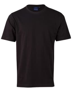 A black semi-fitted men's cotton t-shirt with a crew neck and short sleeves. Features a logo at the neckline.