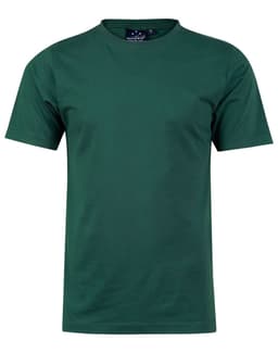 A green men's cotton semi-fitted tee, featuring short sleeves and a crew neckline. It has a logo on the tag.