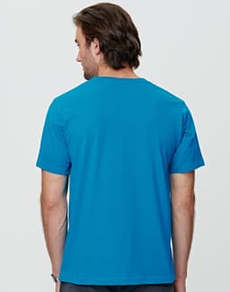 A blue men's cotton semi-fitted tee with short sleeves, showing the back view. The shirt has a logo.