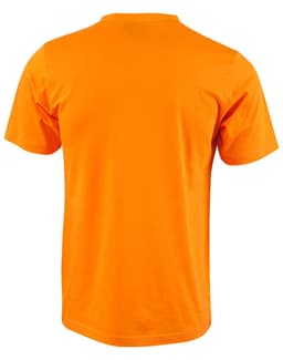 An orange semi-fitted men's cotton t-shirt, featuring a plain back side and a logo.