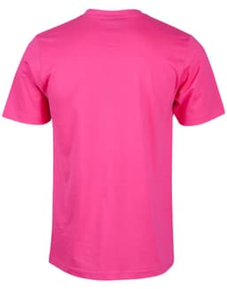 A pink men's cotton semi-fitted t-shirt with a classic crew neck and short sleeves, featuring a logo.