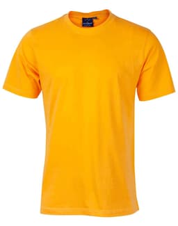 A men's cotton semi-fitted tee in bright yellow, featuring a crew neck and a logo on the tag.