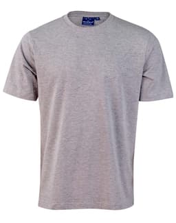 A grey men's cotton semi-fitted tee featuring short sleeves and a crew neck, with a label inside.