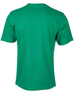 A green men's cotton semi-fitted tee with a crew neck and short sleeves, featuring a logo on the back.