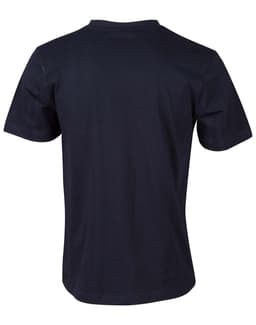A men's cotton semi-fitted tee in navy blue, featuring short sleeves and a back view with a subtle logo.