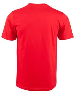 A red men's cotton semi-fitted tee shirt with short sleeves and a plain back. It features a logo on the back.