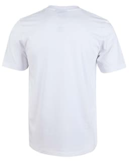 A plain white men's cotton semi-fitted tee with a simple design and a logo present.