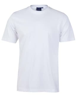 A white men's semi-fitted cotton t-shirt with short sleeves and a logo on the label.