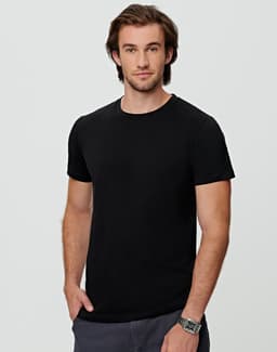 A black men's premium cotton tee displayed on a model, featuring a round neck and short sleeves.
